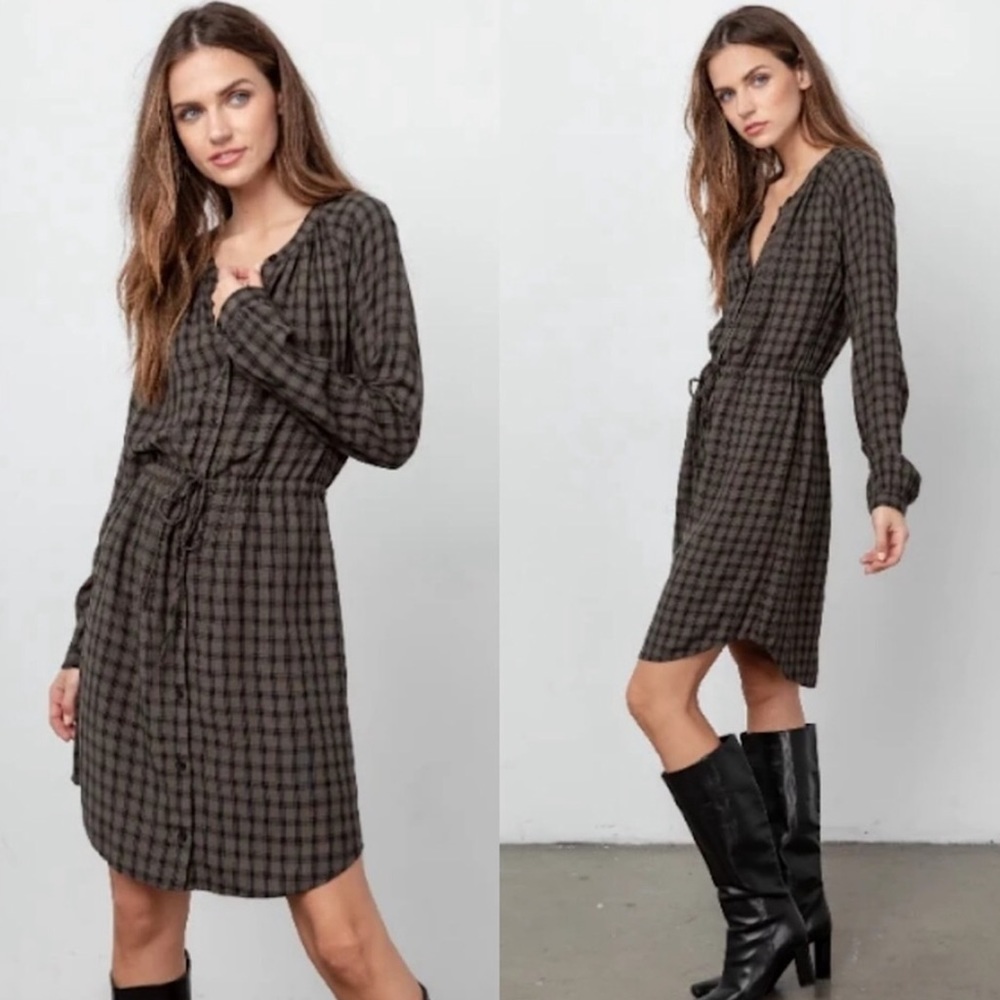 Rails Bella Plaid Tie Waist Shirtdress Olive Iron Check - Picture 1 of 9